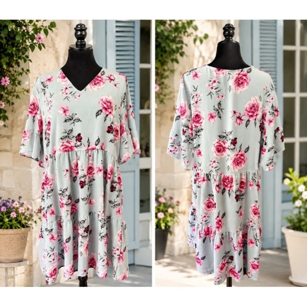 YINN Floral Babydoll Dress Womens XL Sage Green Pink Rose Tiered V-Neck Flutter